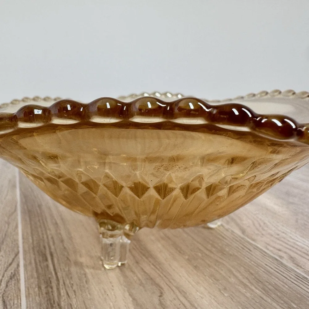 Vintage Amber Diamond Pattern Glass Footed Bowl Scalloped Rim Console‎ Dish